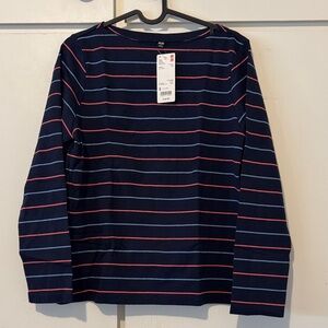Uniqlo Navy Striped Boat Neck Long Sleeve Tee with Pink & Light Blue Stripes